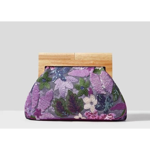 Floral Sequin Embellished Clutch With Velvet & Wooden Frame purple shein - Picture 3 of 7